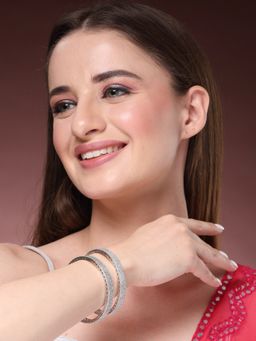 NVR - Womens Silver-Plated White American Diamond Studded Bangles (Set of 2)