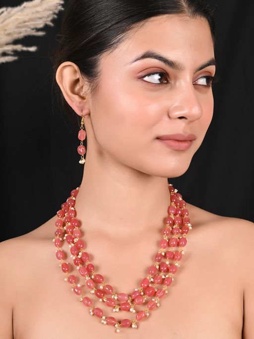 Ratnavali Jewels Gold Plated Pink Quartz Pearl Triple Layer Beads Jewellery Set