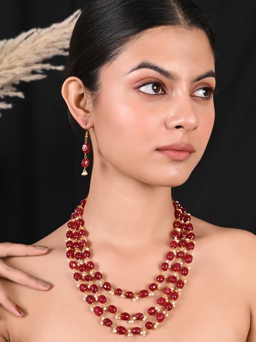 Ratnavali Jewels Gold Plated Red Quartz Pearl Triple Layer Beads Jewellery Set