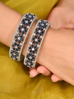 Ratnavali Jewels - Silver Plated Cz Blue Floral White Kada Bangle (Set of 2)