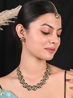 Ratnavali Jewels - Gold Plated Green Enamel Kundan Polki Statement Jewellery Set with Tika