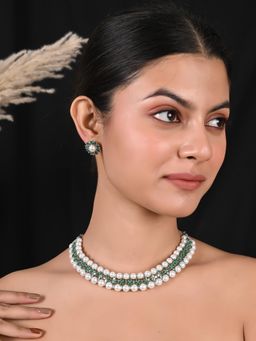 Ratnavali Jewels - Silver Plated White Pearl Green Cz Mix Jewellery Set