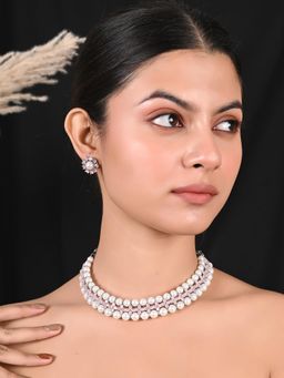 Ratnavali Jewels - Silver Plated White Pearl Pink Cz Mix Jewellery Set