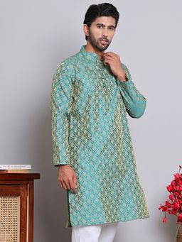 Jompers - Men Ethnic Jacquard Green Straight Kurta