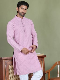 Jompers - Men Light Purple Embroidered and Sequined Cotton Kurta