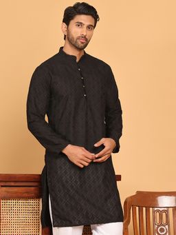 Jompers - Men Black Embroidered Cotton Kurta