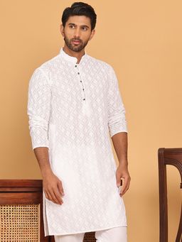 Jompers - Men White Embroidered Cotton Kurta