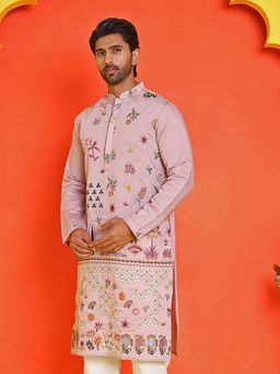 Jompers - Men Purple Floral Embroidered Straight Kurta