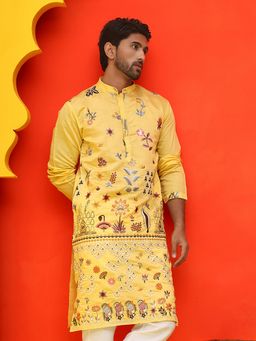 Jompers - Men Yellow Floral Embroidered Kurta