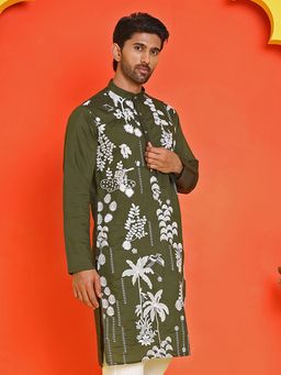 Jompers - Men Olive Embroidered Straight Kurta
