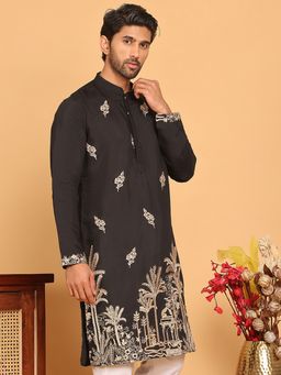 Jompers - Men Black Embroidered Silk Blend Straight Kurta