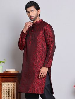 Jompers - Men Maroon Jacquard Woven Straight Kurta