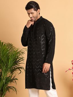 Jompers - Men Embroidered Sequined Viscose Black Straight Kurta