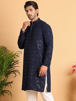 Jompers - Men Embroidered Sequined Viscose Navy Blue Straight Kurta