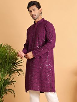 Jompers - Men Embroidered Sequined Viscose Purple Straight Kurta
