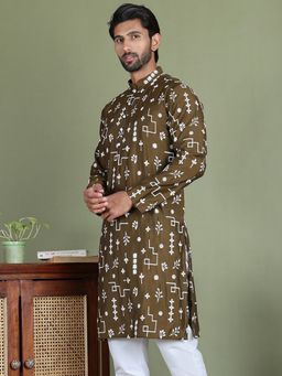 Jompers - Men Embroidered Silk Blend Green Straight Kurta