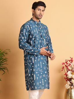 Jompers - Men Embroidered Silk Blend Blue Straight Kurta