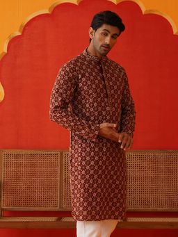 Jompers - Men Embroidered Mandarin Neck Maroon Kurta
