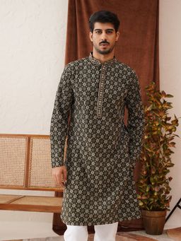 Jompers - Men Embroidered Mandarin Neck Olive Kurta