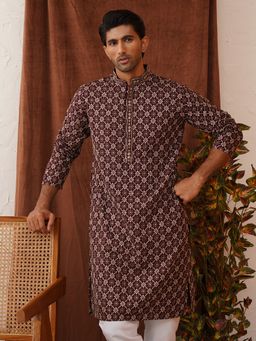 Jompers - Men Embroidered Mandarin Neck Purple Kurta