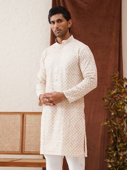 Jompers - Men Sequins and Embroidered Beige Straight Kurta