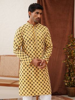 Jompers - Men Viscose Rayon Embroidered Yellow Straight Kurta