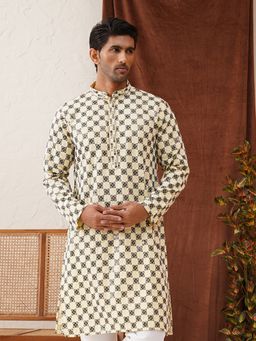 Jompers - Men Viscose Rayon Embroidered Yellow Straight Kurta
