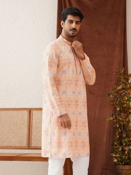 Jompers - Men Embroidered Grey Straight Peach Kurta