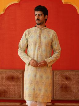 Jompers - Men Embroidered Grey Straight Green Kurta