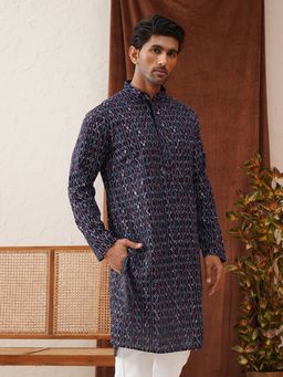 Jompers - Men Embroidered Viscose Rayon Navy Blue Kurta