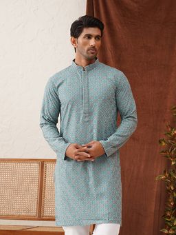 Jompers - Men Embroidered Blue Straight Kurta
