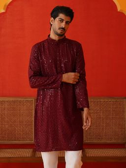 Jompers - Men Embroidered and Sequined Maroon Kurta