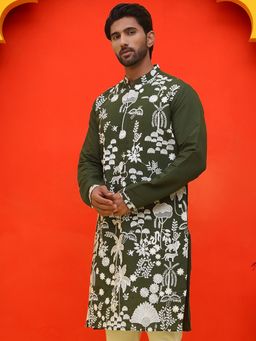 Jompers - Men Olive Embroidered Straight Kurta