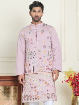 Jompers - Men Light Purple Floral Embroidered Kurta