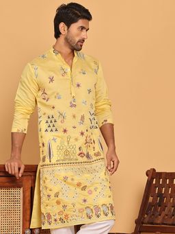 Jompers - Men Yellow Floral Embroidered Kurta