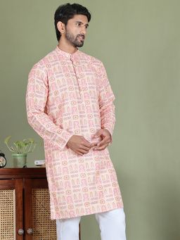 Jompers - Men Geometric Printed Cotton Blend Peach Kurta