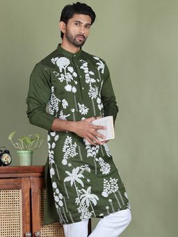 Jompers - Men Olive Embroidered Straight Kurta