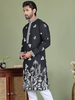 Jompers - Men Black Silk Blend Embroidered Kurta