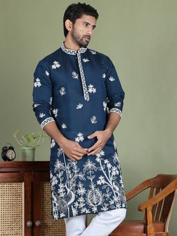 Jompers - Men Blue Silk Blend Embroidered Kurta