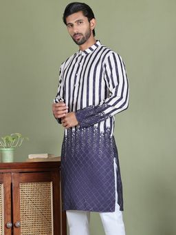 Jompers - Men Navy Blue Striped Kurta