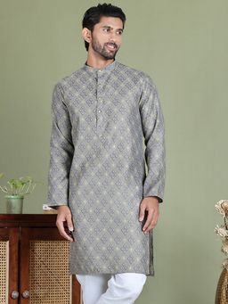 Jompers - Men Grey Woven Design Straight Kurta