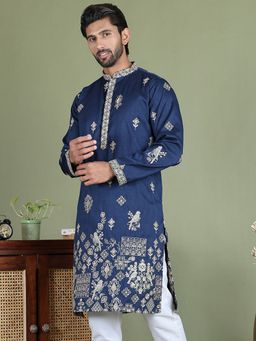 Jompers - Men Navy Blue Embroidered Straight Kurta