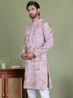 Jompers - Men Light Purple Embroidered Straight Kurta