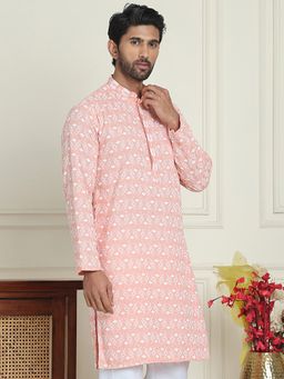 Jompers - Men Embroidered and Sequined Peach Straight Kurta