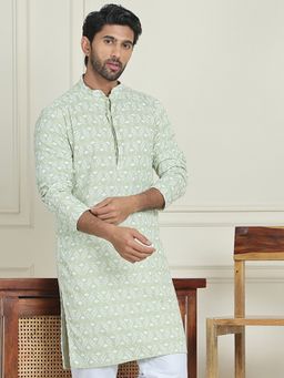 Jompers - Men Embroidered and Sequined Green Straight Kurta