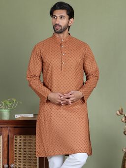 Jompers - Men Brown Chikankari Pure Cotton Kurta