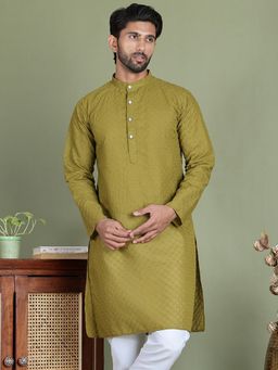 Jompers - Men Olive Chikankari Pure Cotton Kurta