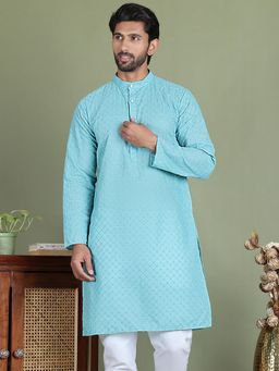 Jompers - Men Blue Chikankari Pure Cotton Kurta