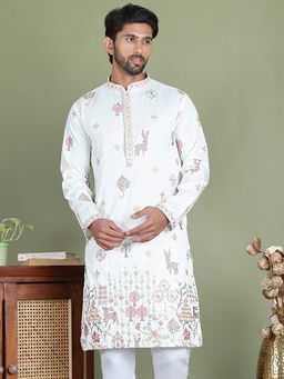 Jompers - Men White Embroidered Cotton Blend Straight Kurta