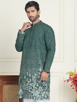 Jompers - Men Green Embroidered and Sequined Silk Blend Kurta